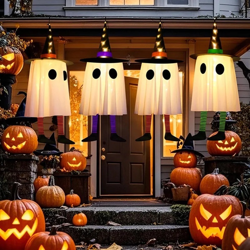Outdoor Lighting Effects - Halloween-Hängegeister-Dekorationen, Outdoor-Halloween-Hexenhut-Lichter, Leuchtende Geister für Gartenbäume,